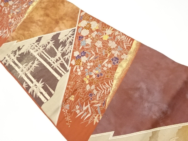 JAPANESE KIMONO / VINTAGE FUKURO OBI / WOVEN BAMBOO & AUTUMN FLOWERS